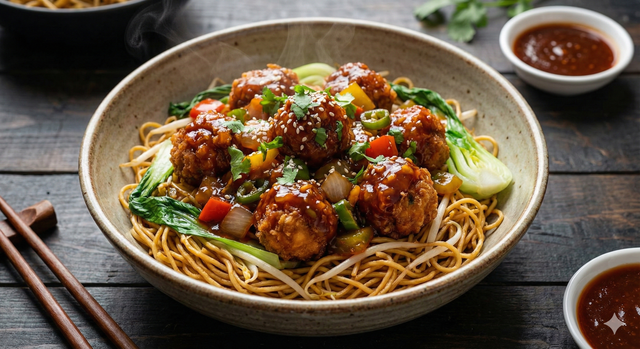 Manchurian Chicken on Wok Fried Noodles